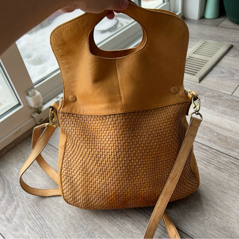 Milo Genuine Tan Leather Braided Leather Foldover Crossbody Bag - Picture 3 of 16